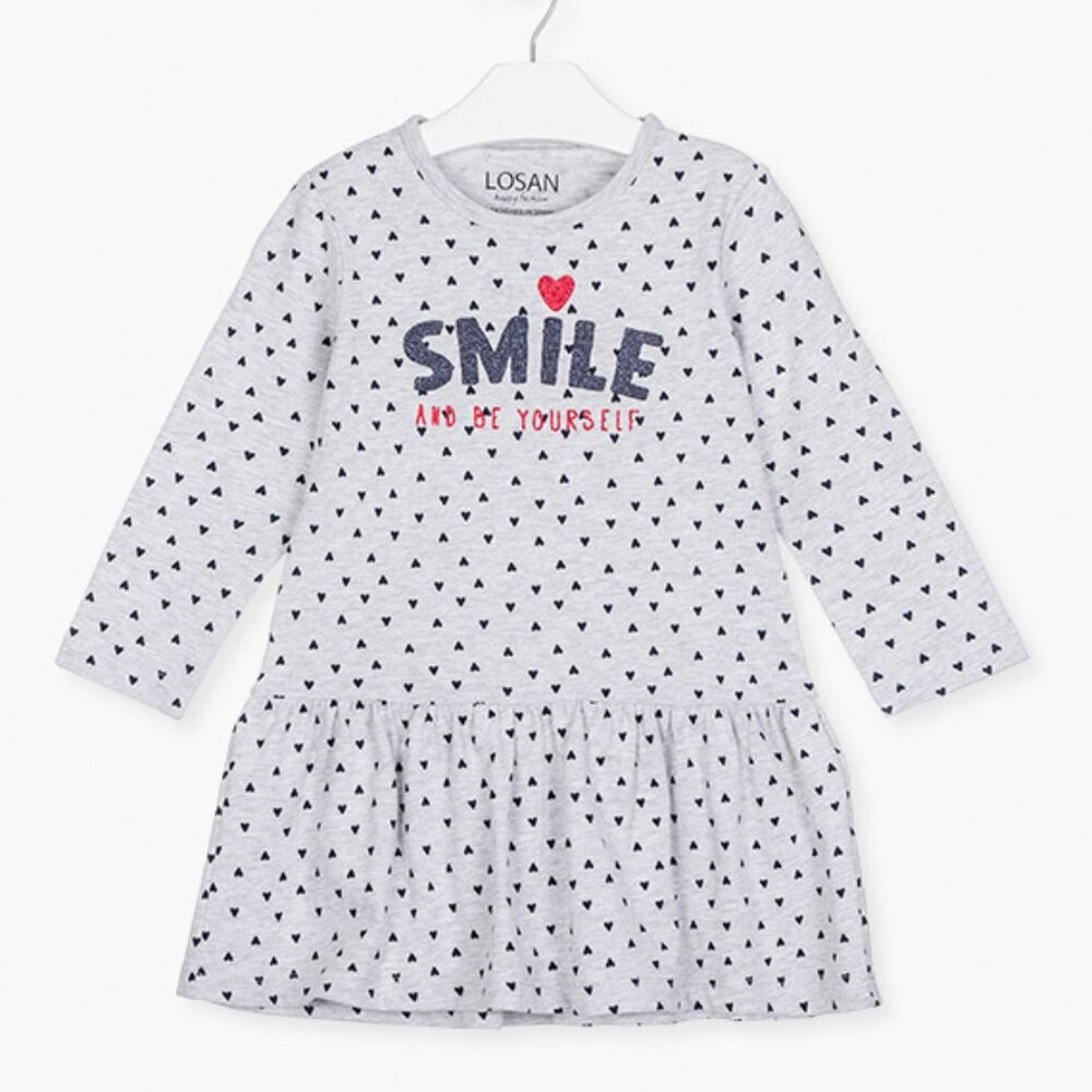 Losan Gray Long Sleeve Dress with Smile Print